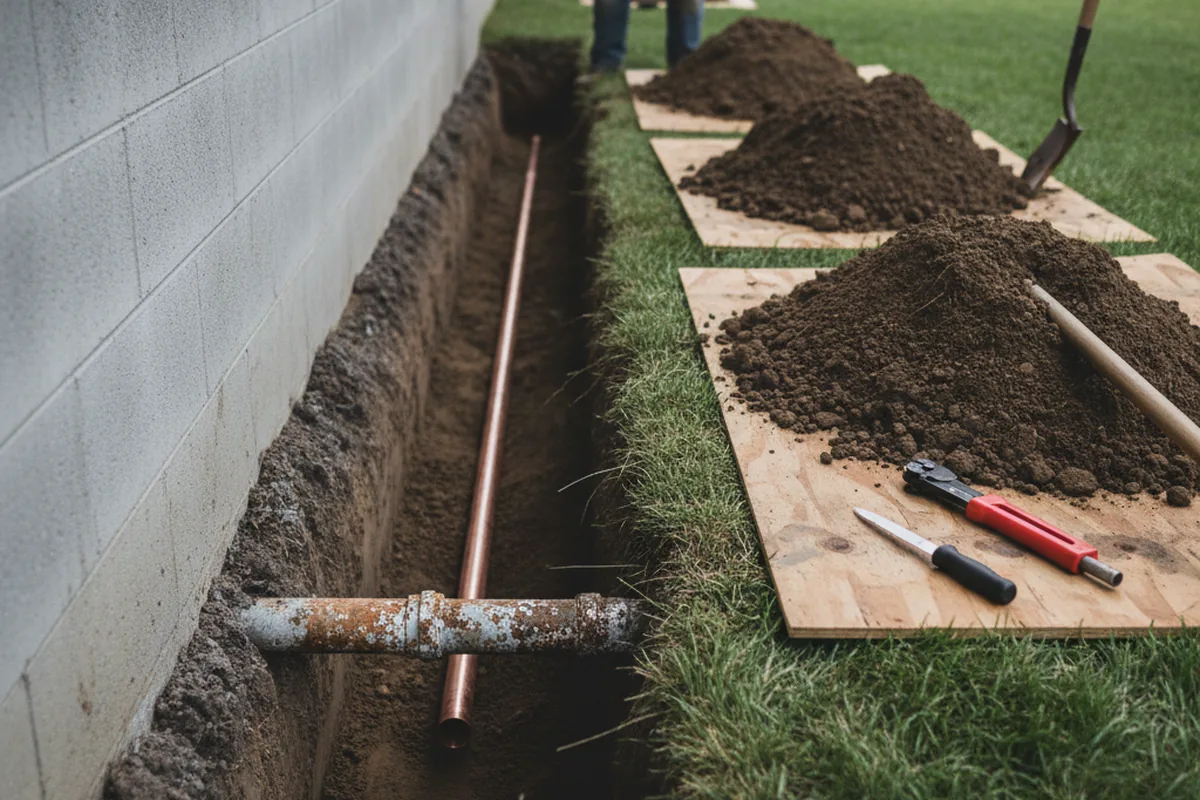 Excavated water line trench during Water Heater Repair in Fort Payne